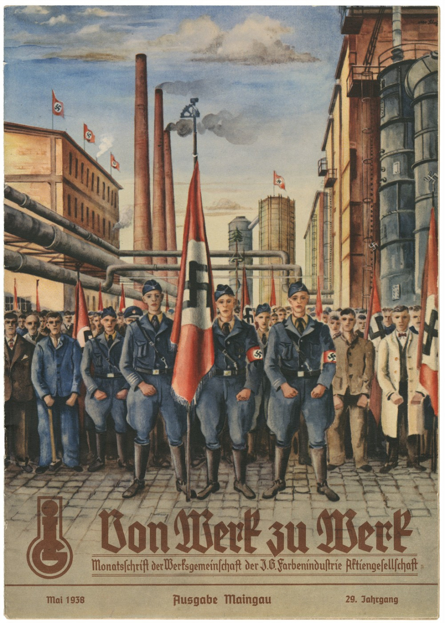 Le magazine d’entreprise d’IG Farben avec des nazis en couverture. L’entreprise a fondé avec les SS une gigantesque usine de biochimie à Auschwitz. (Photo D.R.)